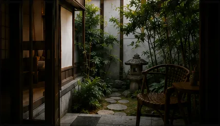 木の建具と緑の庭がある京都の静かな空間