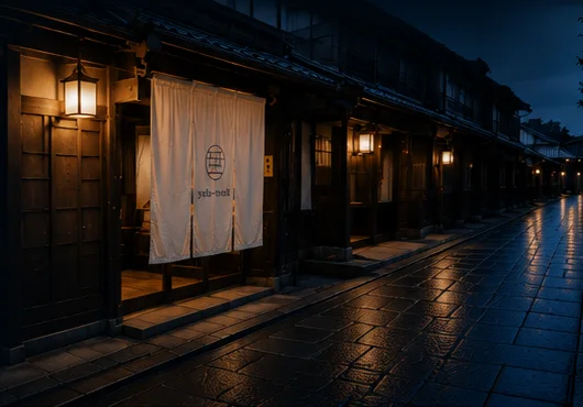 雨上がりの京都のまち並みと暖かな灯りの宿