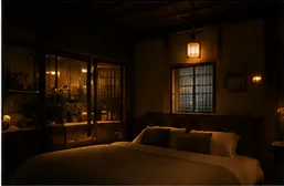 暖かな照明の寝室